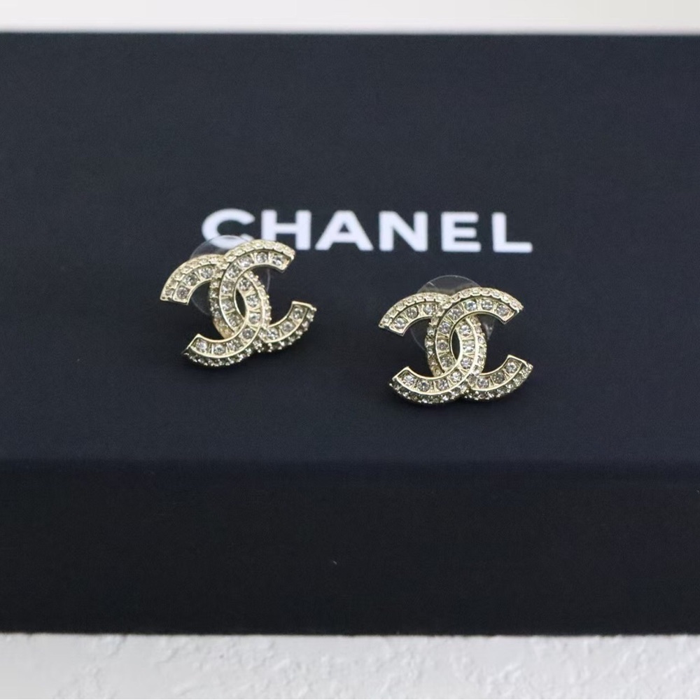 CHANEL Crystal CC Logo Earrings in Gold Tone